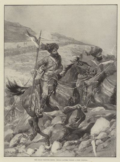 Den indiska gränsen reser sig, bengaliska lansiärer anfaller ett brant läge av Richard Caton Woodville junior